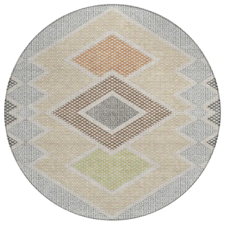 8' Pewter Copper And Silver Round Geometric Washable Indoor Outdoor Area Rug