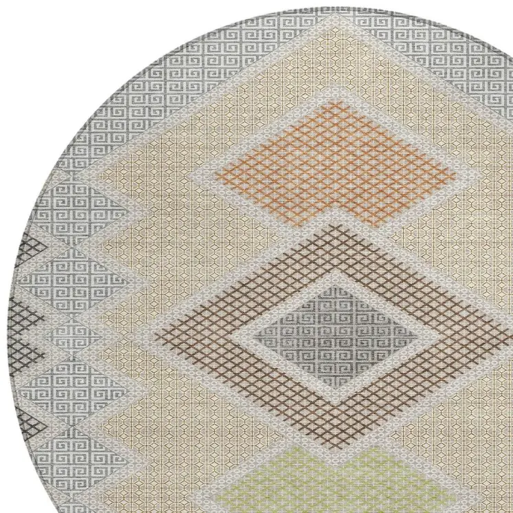 8' Pewter Copper And Silver Round Geometric Washable Indoor Outdoor Area Rug