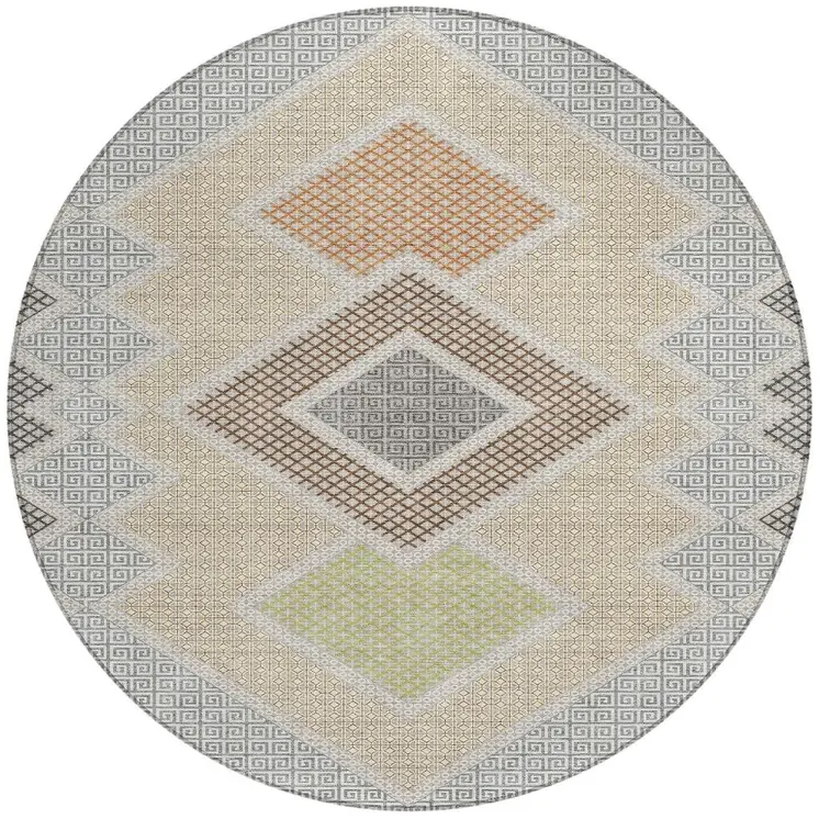 8' Pewter Copper And Silver Round Geometric Washable Indoor Outdoor Area Rug