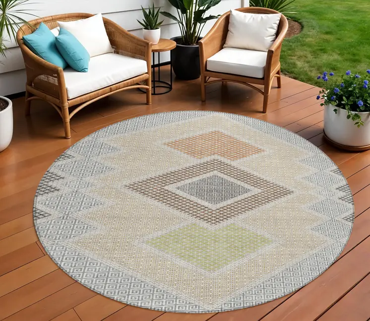 8' Pewter Copper And Silver Round Geometric Washable Indoor Outdoor Area Rug