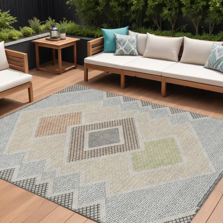 9' X 12' Pewter Copper And Silver Geometric Washable Indoor Outdoor Area Rug