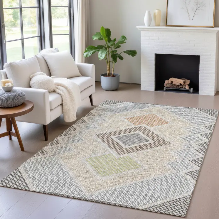 9' X 12' Pewter Copper And Silver Geometric Washable Indoor Outdoor Area Rug