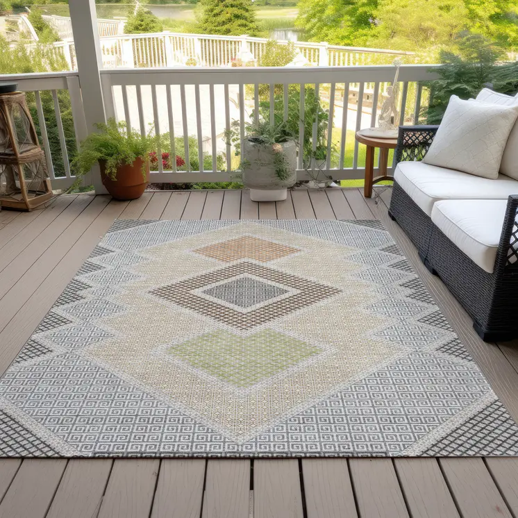 9' X 12' Pewter Copper And Silver Geometric Washable Indoor Outdoor Area Rug