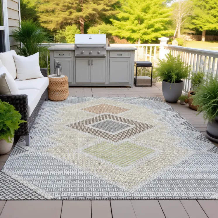 10' X 14' Pewter Copper And Silver Geometric Washable Indoor Outdoor Area Rug