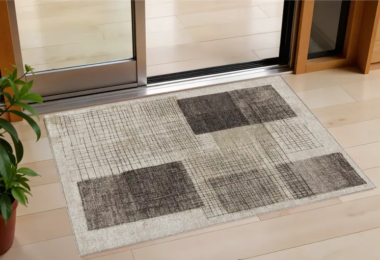 3' X 5' Brown And Taupe Geometric Washable Indoor Outdoor Area Rug