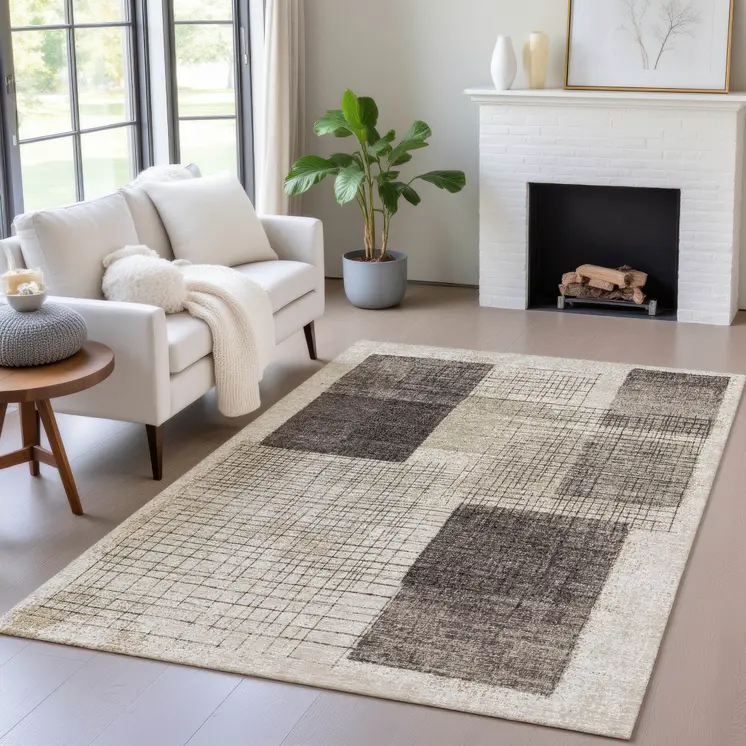 3' X 5' Brown And Taupe Geometric Washable Indoor Outdoor Area Rug