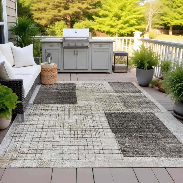 5' X 8' Brown And Taupe Geometric Washable Indoor Outdoor Area Rug