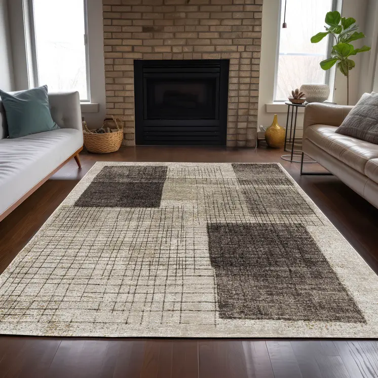 5' X 8' Brown And Taupe Geometric Washable Indoor Outdoor Area Rug