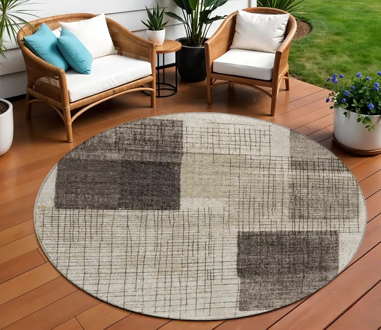 8' Brown And Taupe Round Geometric Washable Indoor Outdoor Area Rug