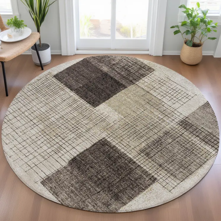 8' Brown And Taupe Round Geometric Washable Indoor Outdoor Area Rug