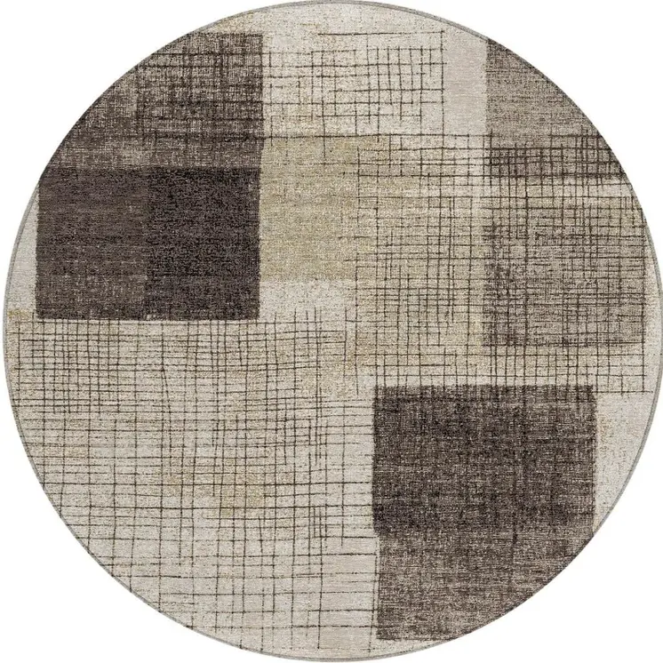8' Brown And Taupe Round Geometric Washable Indoor Outdoor Area Rug