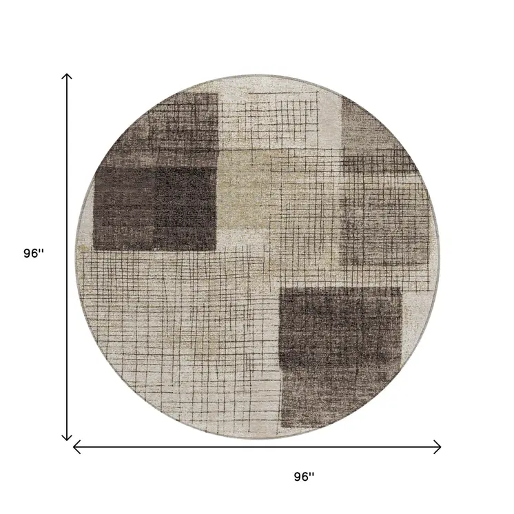 8' Brown And Taupe Round Geometric Washable Indoor Outdoor Area Rug