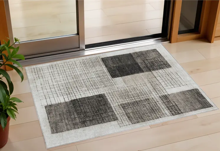 3' X 5' Ivory And Black Geometric Washable Indoor Outdoor Area Rug