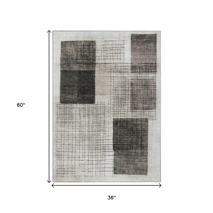 3' X 5' Ivory And Black Geometric Washable Indoor Outdoor Area Rug