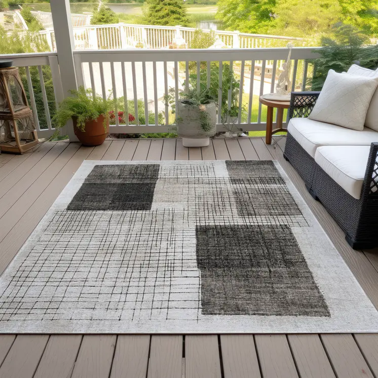 3' X 5' Ivory And Black Geometric Washable Indoor Outdoor Area Rug