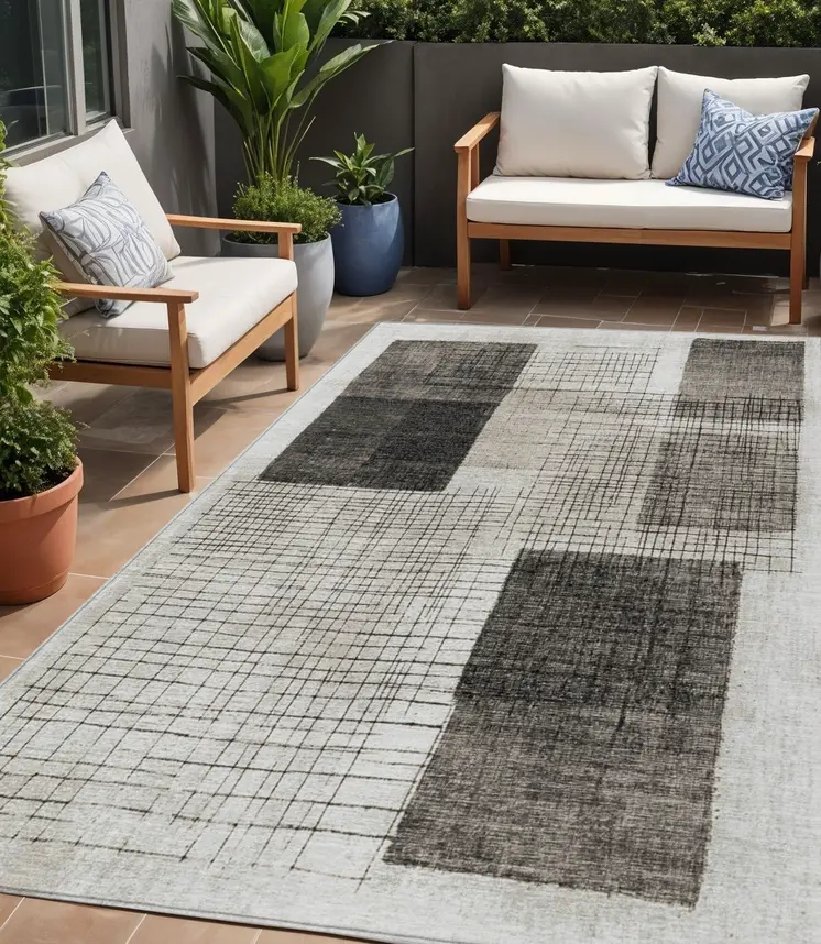 5' X 8' Ivory And Black Geometric Washable Indoor Outdoor Area Rug