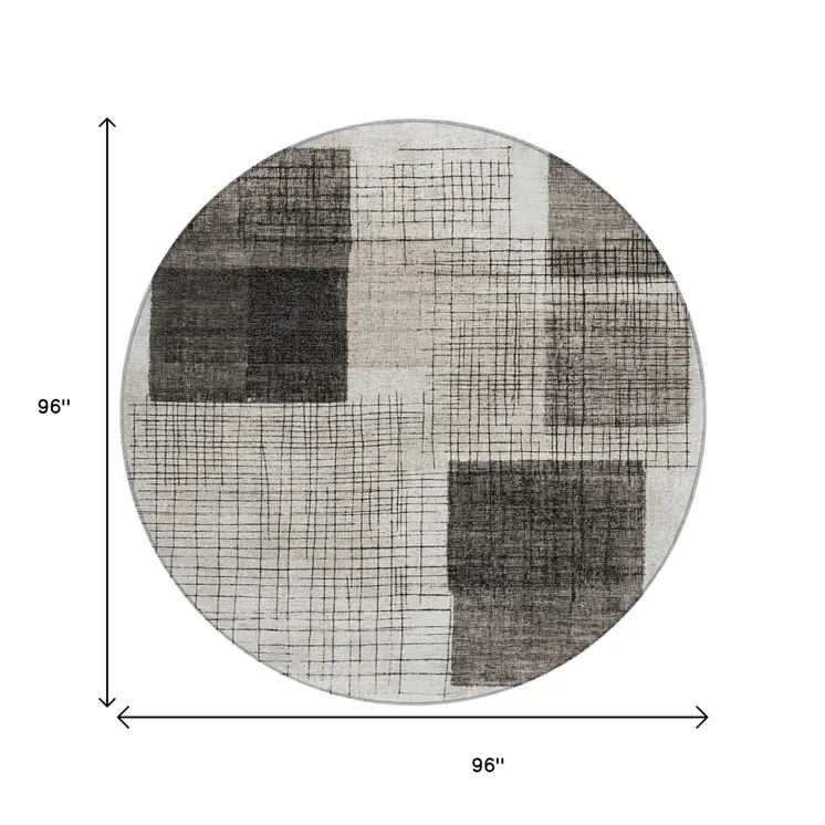 8' Ivory And Black Round Geometric Washable Indoor Outdoor Area Rug