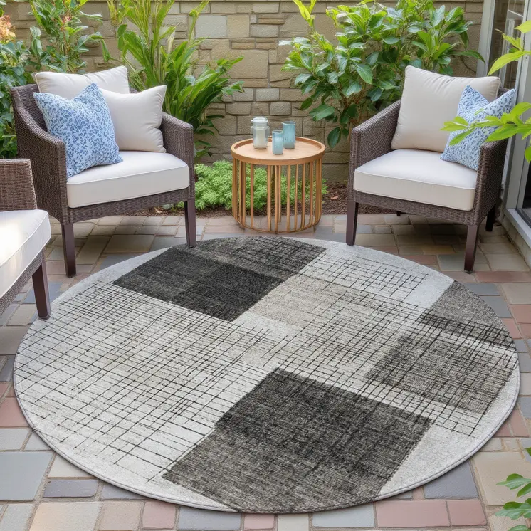 8' Ivory And Black Round Geometric Washable Indoor Outdoor Area Rug