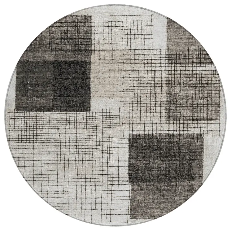 8' Ivory And Black Round Geometric Washable Indoor Outdoor Area Rug
