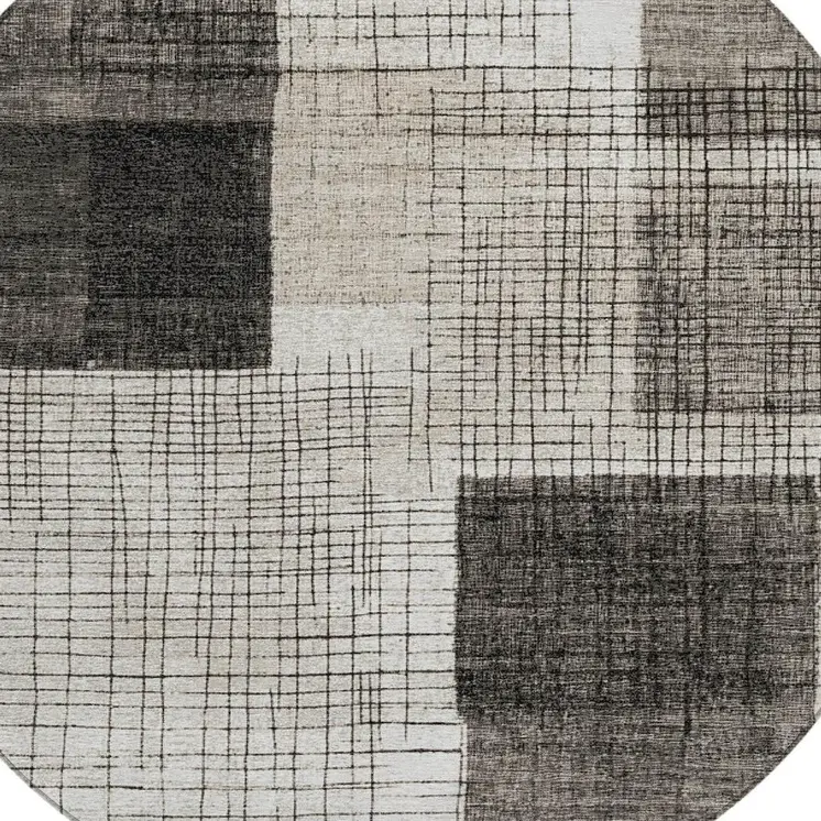 8' Ivory And Black Round Geometric Washable Indoor Outdoor Area Rug