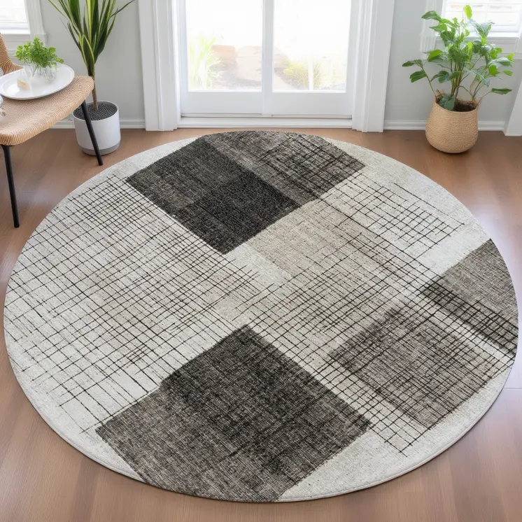 8' Ivory And Black Round Geometric Washable Indoor Outdoor Area Rug