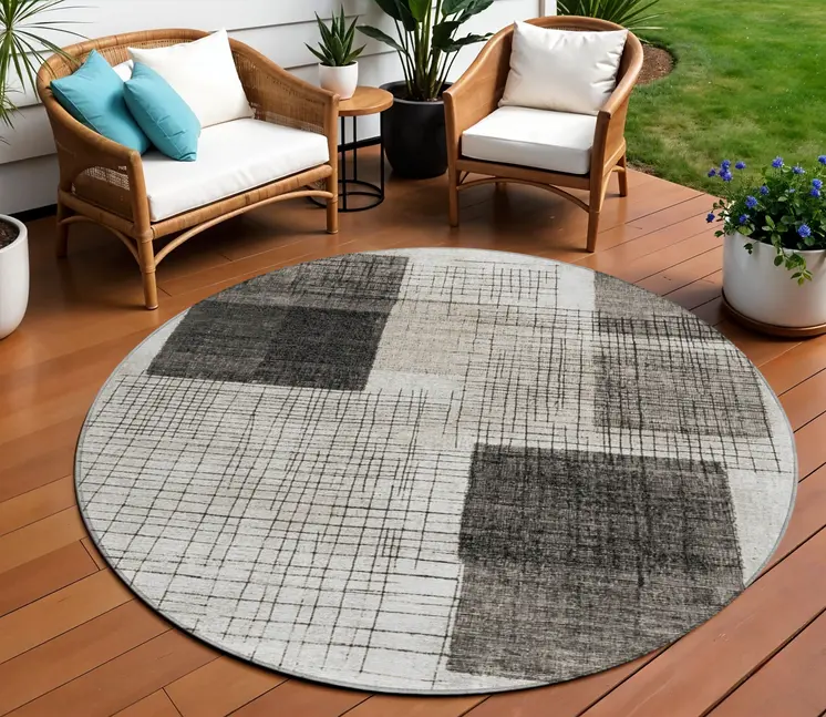 8' Ivory And Black Round Geometric Washable Indoor Outdoor Area Rug