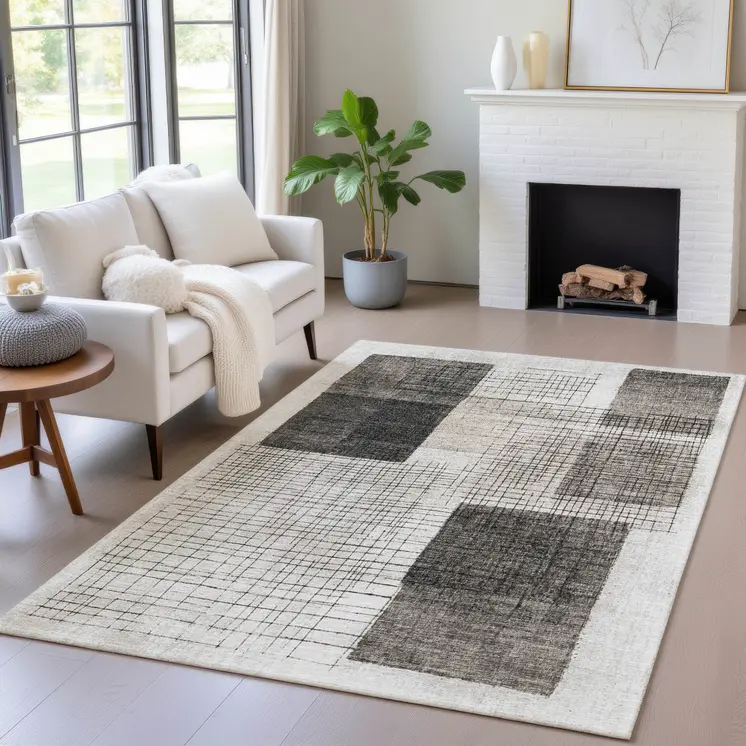 8' X 10' Ivory And Black Geometric Washable Indoor Outdoor Area Rug