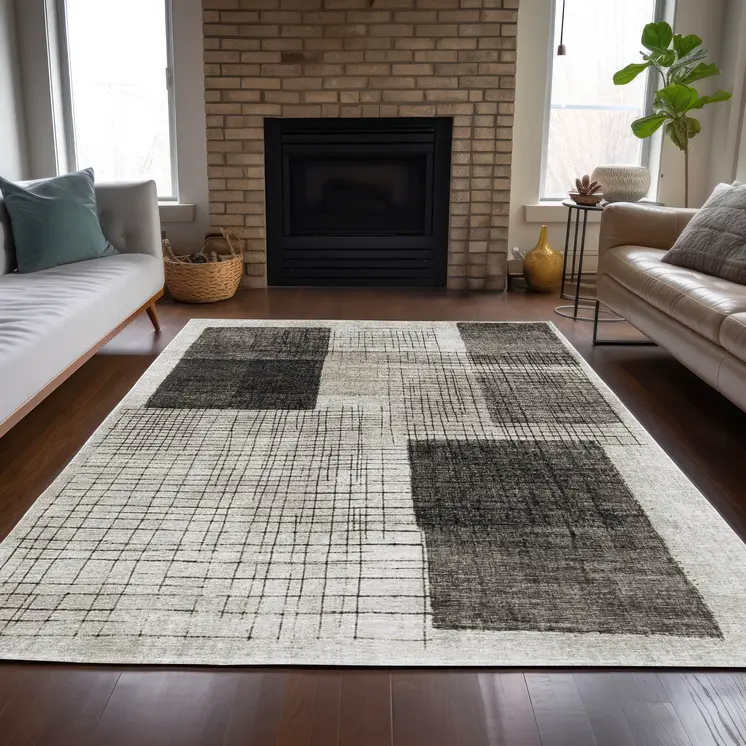 8' X 10' Ivory And Black Geometric Washable Indoor Outdoor Area Rug