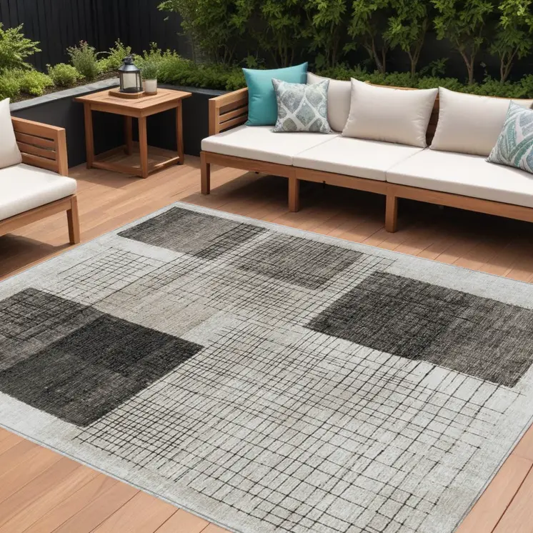 9' X 12' Ivory And Black Geometric Washable Indoor Outdoor Area Rug