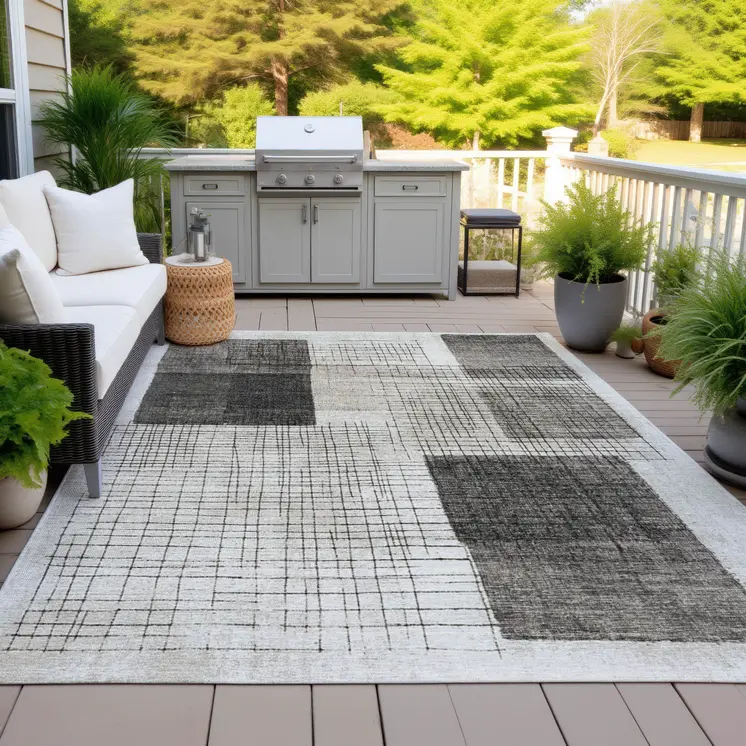 10' X 14' Ivory And Black Geometric Washable Indoor Outdoor Area Rug