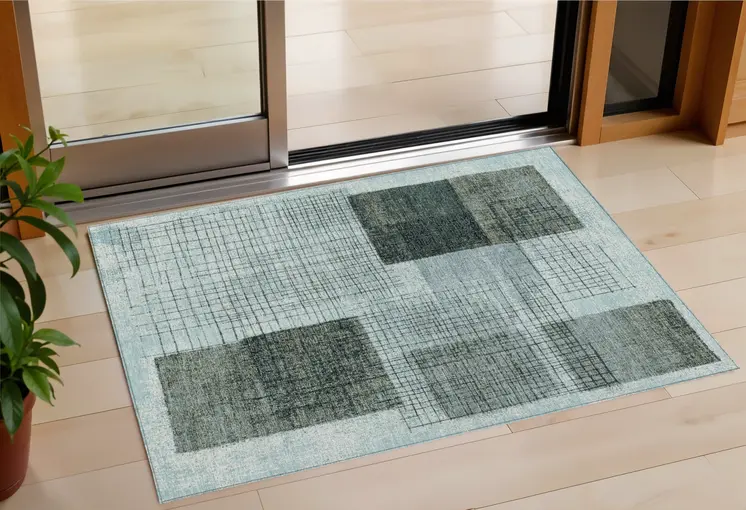 3' X 5' Teal Blue And Gray Geometric Washable Indoor Outdoor Area Rug