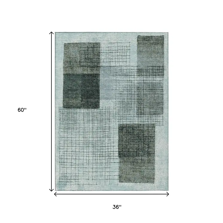 3' X 5' Teal Blue And Gray Geometric Washable Indoor Outdoor Area Rug