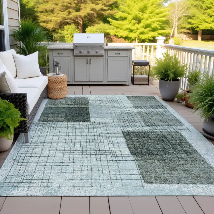 3' X 5' Teal Blue And Gray Geometric Washable Indoor Outdoor Area Rug