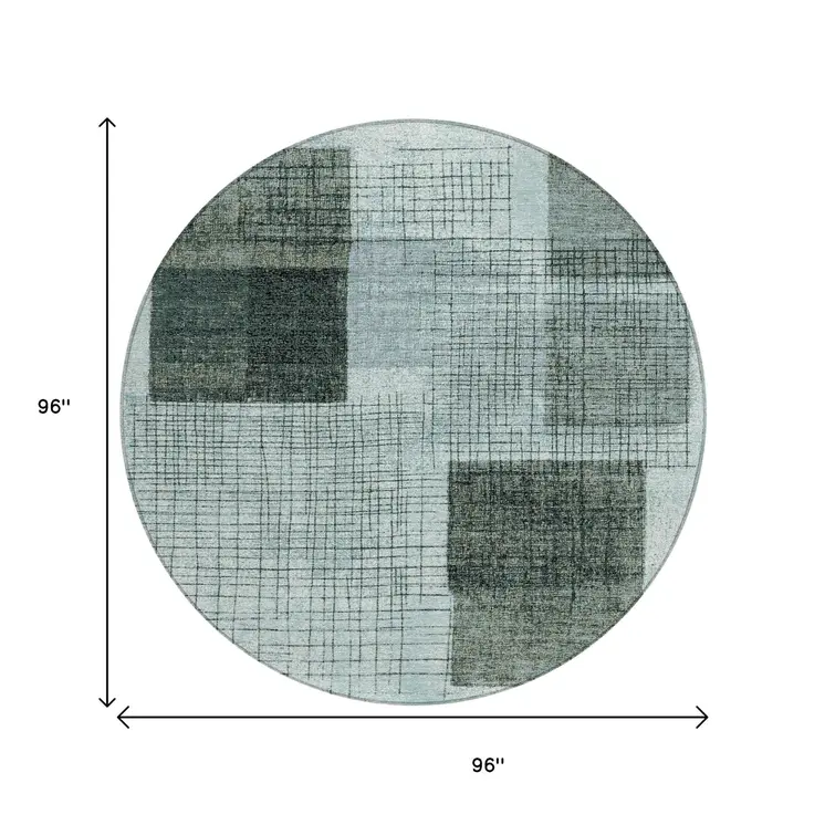 8' Teal Blue And Gray Round Geometric Washable Indoor Outdoor Area Rug