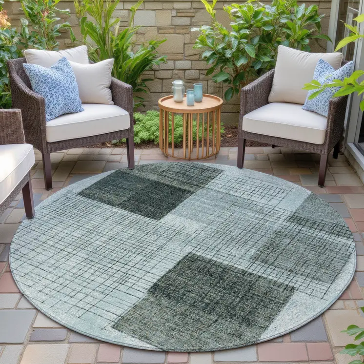 8' Teal Blue And Gray Round Geometric Washable Indoor Outdoor Area Rug