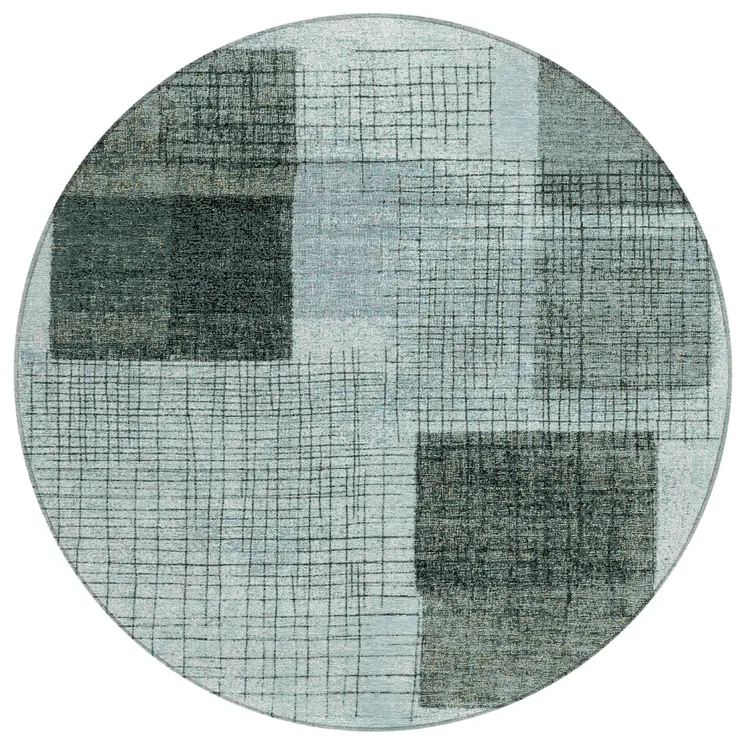 8' Teal Blue And Gray Round Geometric Washable Indoor Outdoor Area Rug