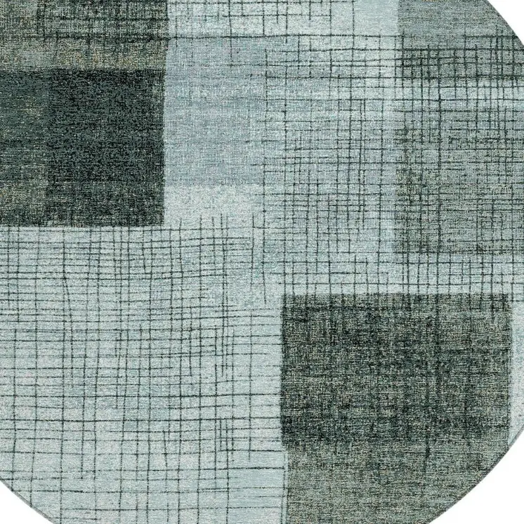 8' Teal Blue And Gray Round Geometric Washable Indoor Outdoor Area Rug