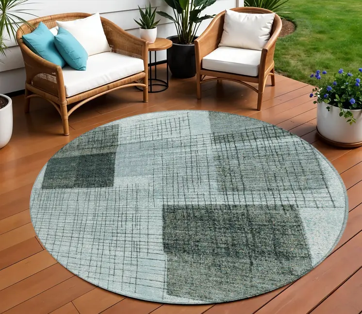 8' Teal Blue And Gray Round Geometric Washable Indoor Outdoor Area Rug
