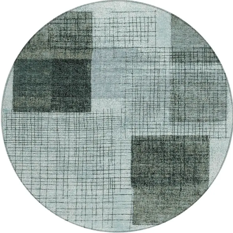 8' Teal Blue And Gray Round Geometric Washable Indoor Outdoor Area Rug
