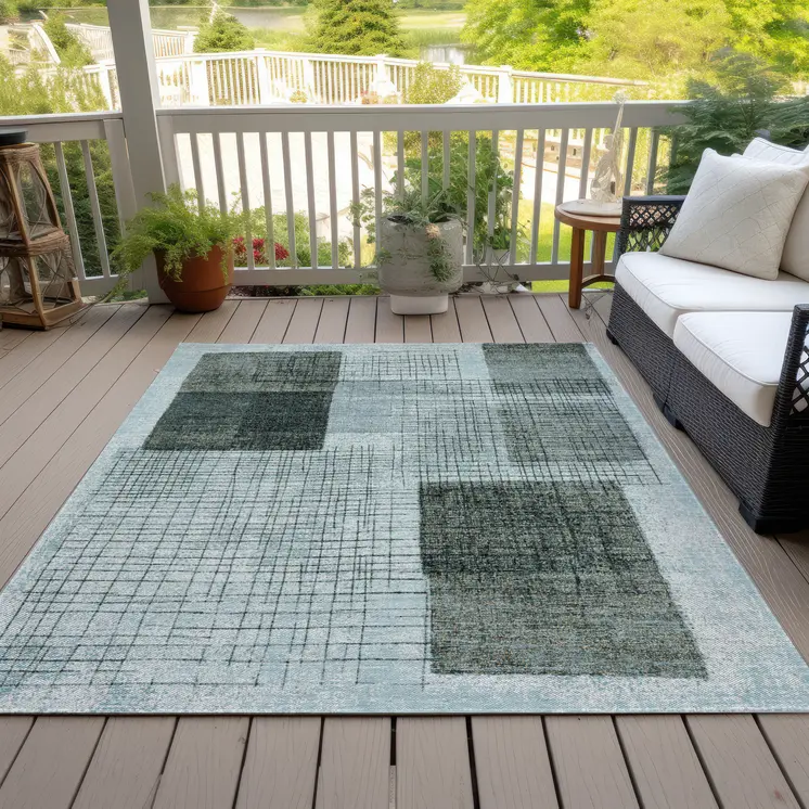 8' X 10' Teal Blue And Gray Geometric Washable Indoor Outdoor Area Rug