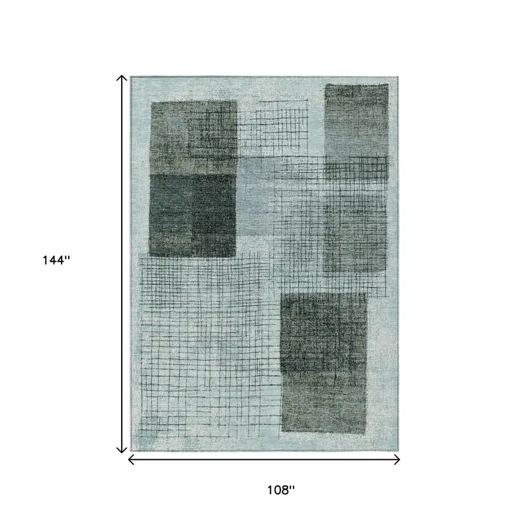 9' X 12' Teal Blue And Gray Geometric Washable Indoor Outdoor Area Rug