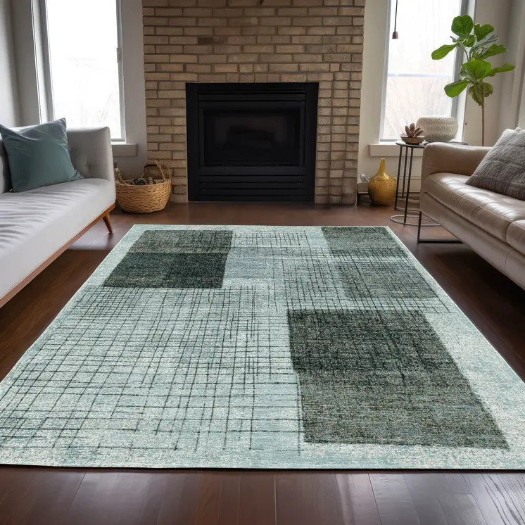9' X 12' Teal Blue And Gray Geometric Washable Indoor Outdoor Area Rug