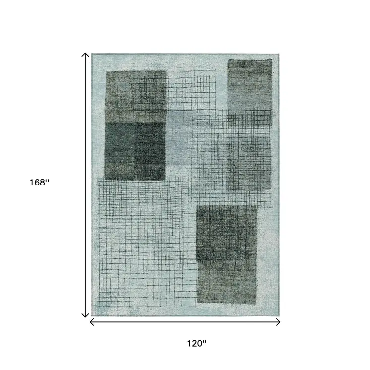 10' X 14' Teal Blue And Gray Geometric Washable Indoor Outdoor Area Rug