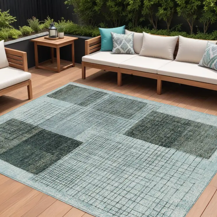 10' X 14' Teal Blue And Gray Geometric Washable Indoor Outdoor Area Rug