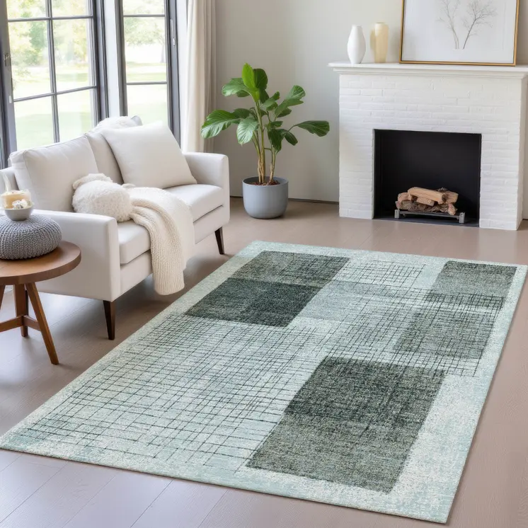 10' X 14' Teal Blue And Gray Geometric Washable Indoor Outdoor Area Rug