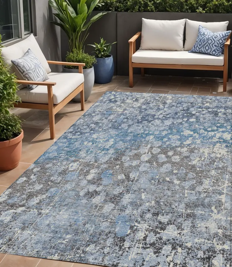 5' X 8' Blue And Gray Abstract Washable Indoor Outdoor Area Rug