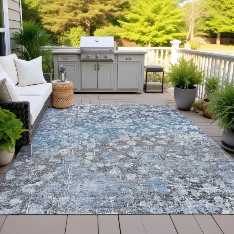 5' X 8' Blue And Gray Abstract Washable Indoor Outdoor Area Rug