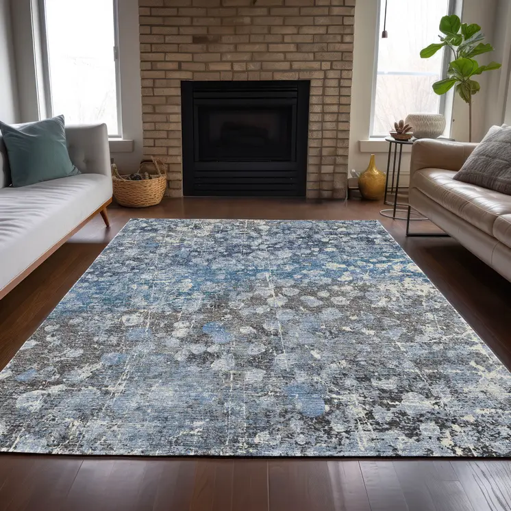5' X 8' Blue And Gray Abstract Washable Indoor Outdoor Area Rug