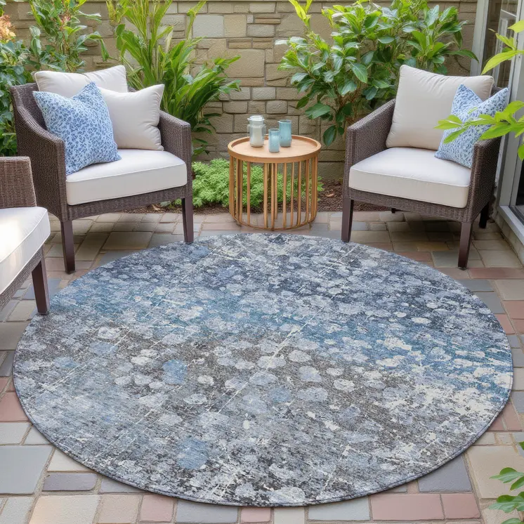 8' Blue And Gray Round Abstract Washable Indoor Outdoor Area Rug