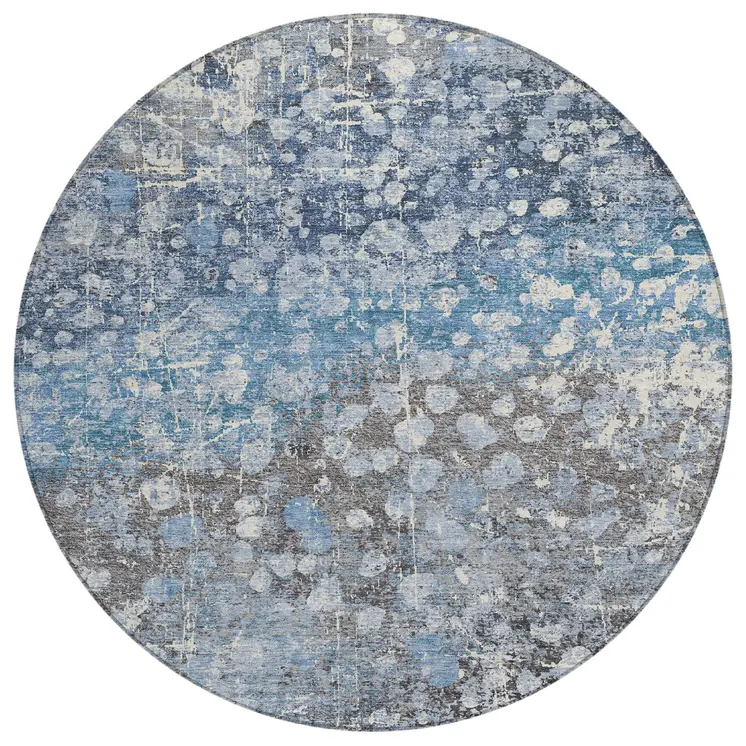 8' Blue And Gray Round Abstract Washable Indoor Outdoor Area Rug